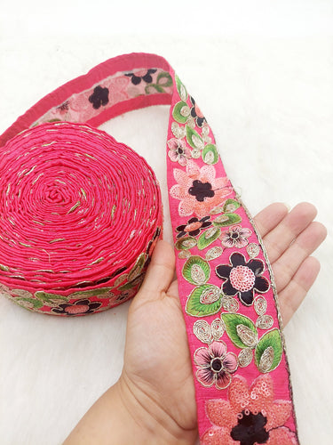 Cerise Pink Silk Fabric Embroidered Trim, Floral Embroidery Indian Sari Border Trim By Yard Decorative Trim Craft Lace, Sequins Trim